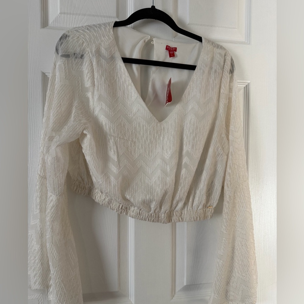 Guess Cream Chevron V-Neck Blouse